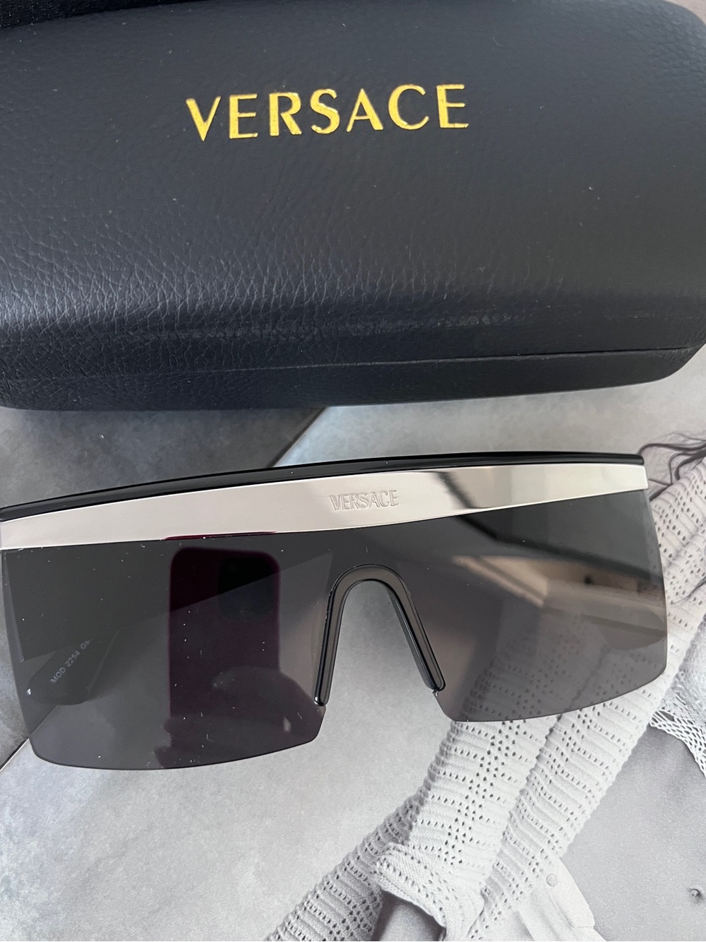Versace Silver-Trim Black Shield Sunglasses